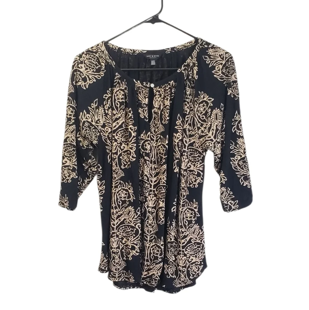 Lucky Brand Black Keyhole Detail Peasant Top Black & Tan Size 1X Boho